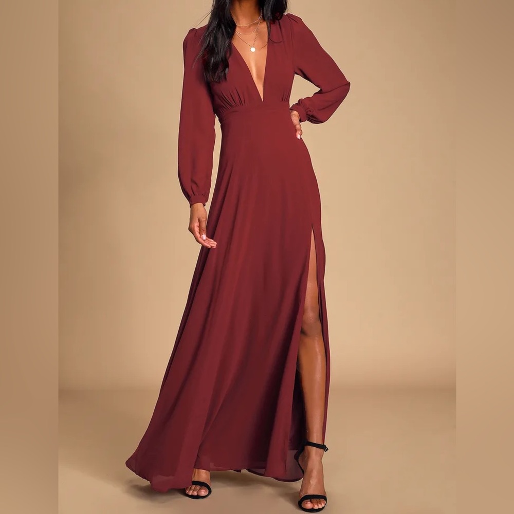 Lulus All My Life Burgundy Long Sleeve Maxi Dress